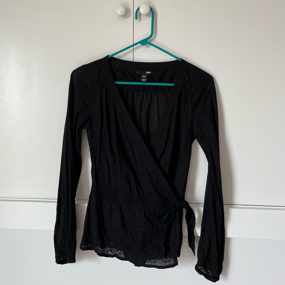 H&M Black Wrap Tie-Front Long Sleeve Blouse